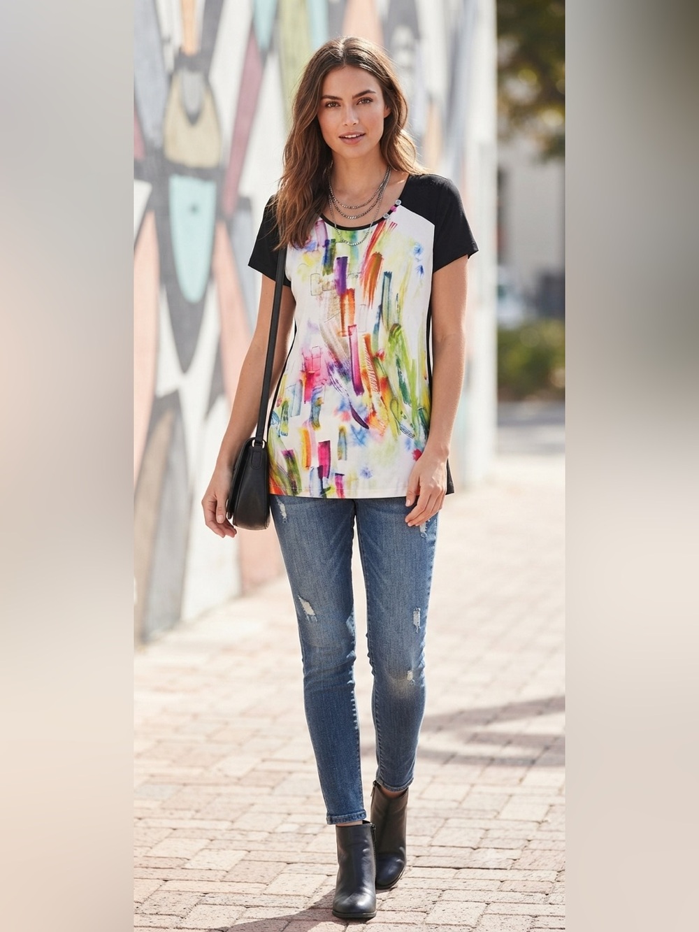 Zoe Abstract Art Top Sz S Black Stretch Split Sides Colorful Avant Garde Buttons